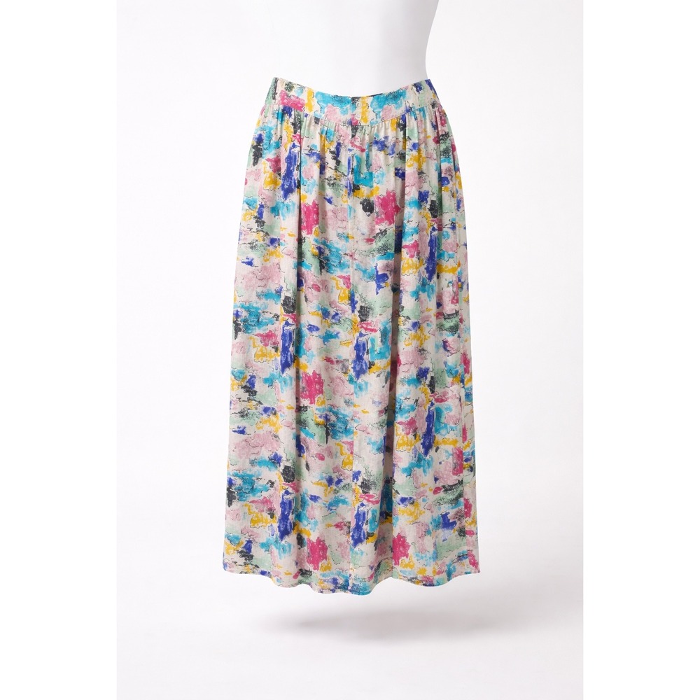 Our Rich Silk Midi Skirt Womens Large Multicolor Abstract Painterly Vintage 90s
